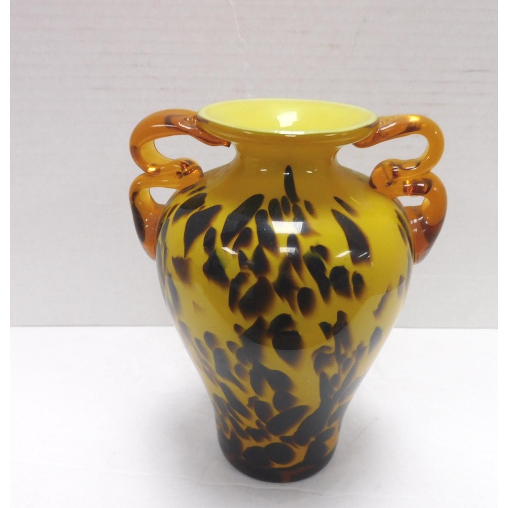 Amber Tortoise Print 2 Handle Decorative Glass Vase 7" JC502